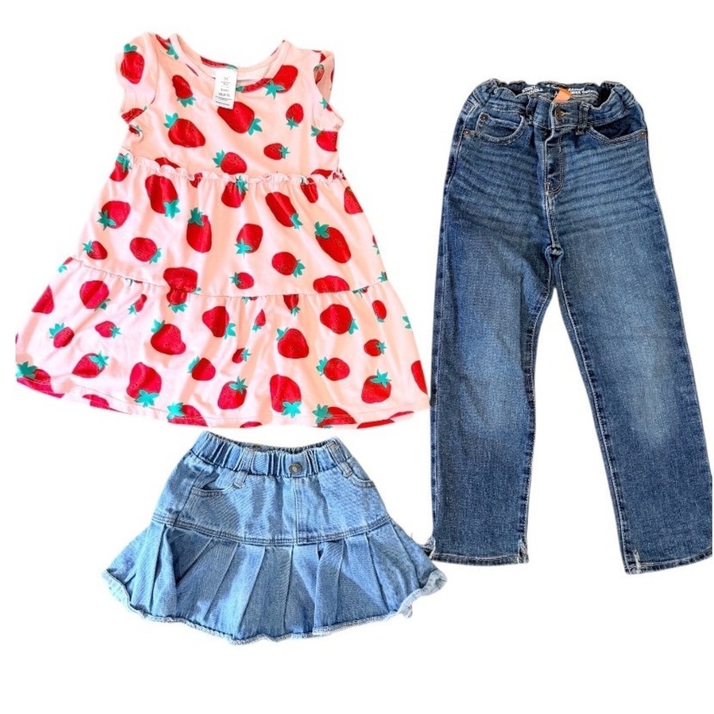 Girls Strawberry Dress Denim Skirt and Jeans 4T 5T Bundle Members Mark TCP Shein